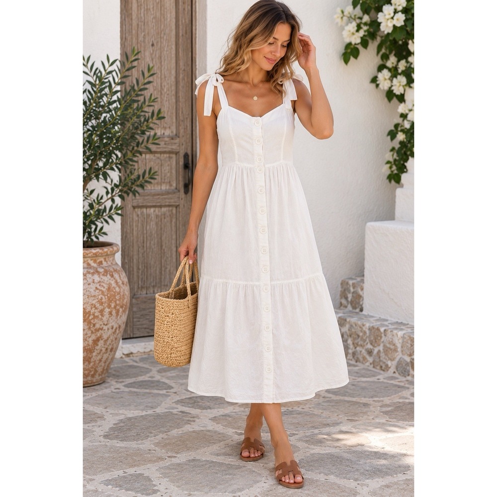 Urban Outfitters White Cotton Button Down Tie Strap Tiered Midi Dress Womens S